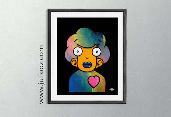 Illustration Grozieux Galaxie buste fond cosmique flashy cheveux et pull galaxie cœur rose - Par Juliooz