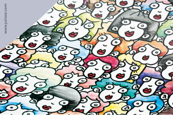 Illustration La Foule Grozieux superposés contours noirs cheveux colorés lèvres rouges - Par Juliooz