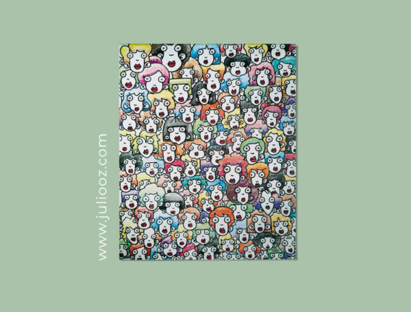 Illustration La Foule Grozieux superposés contours noirs cheveux colorés lèvres rouges - Par Juliooz