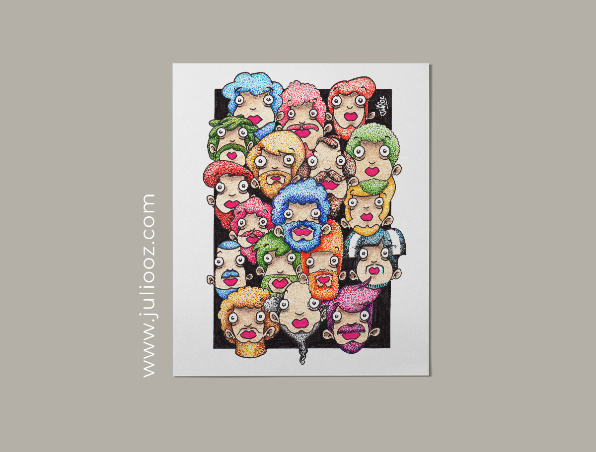 Illustration de visages masculins barbus colorés dans le style Grozieux – Par Juliooz