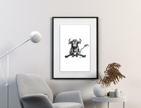 Illustration en noir et blanc d’un buffle de face – Juliooz