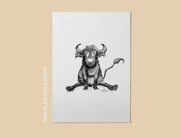 Illustration en noir et blanc d’un buffle de face – Juliooz