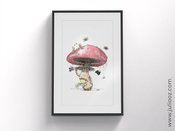 "Champiz" – Illustration humoristique d’un champignon rouge avec dents, vers amoureux et détails printaniers - Par Juliooz