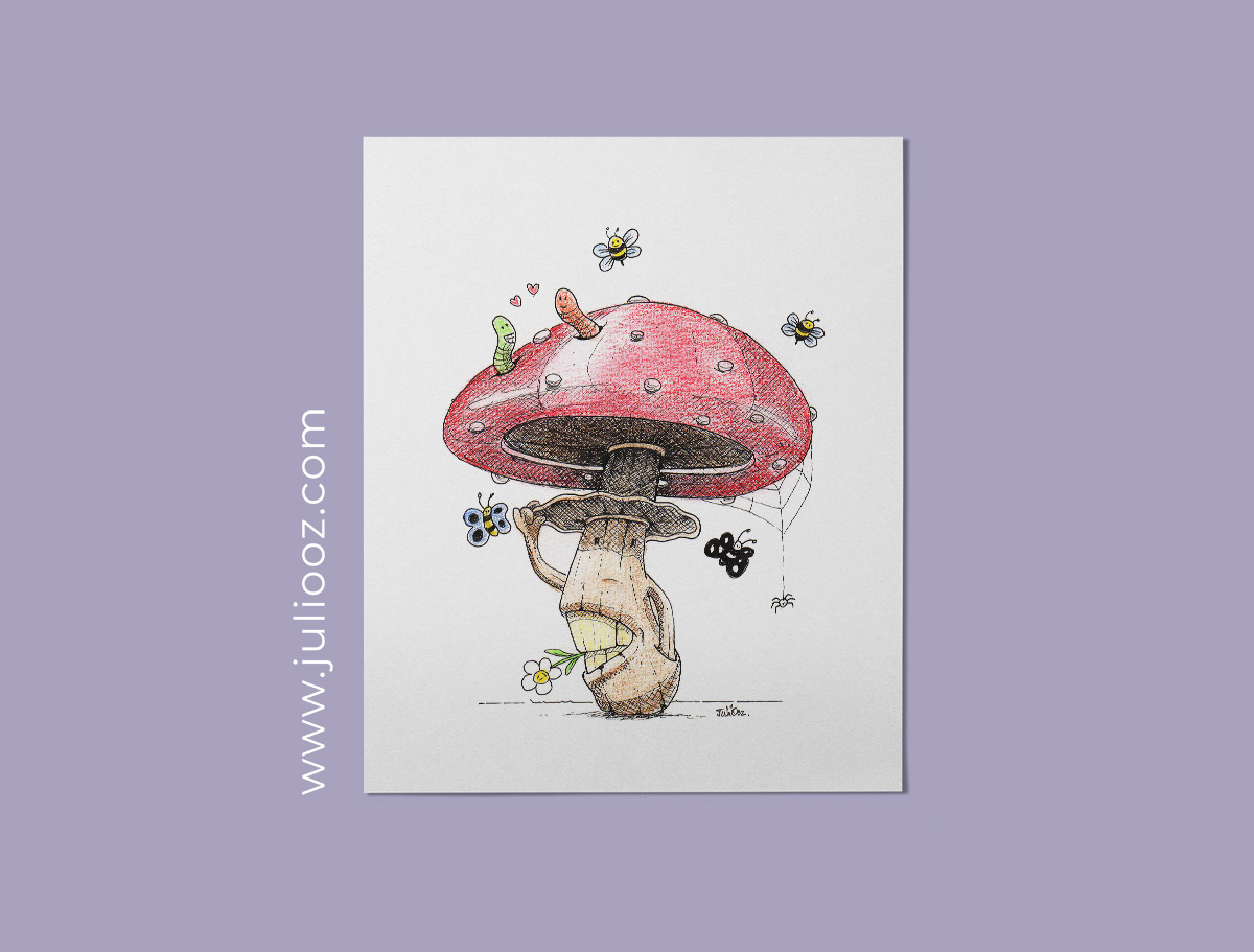 "Champiz" – Illustration humoristique d’un champignon rouge avec dents, vers amoureux et détails printaniers - Par Juliooz