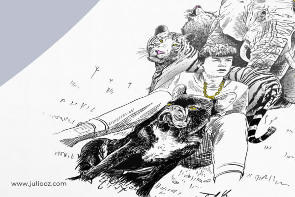 Illustration « Charly & Léon » – Portrait artistique noir et blanc avec accents dorés, animaux totems et enfant par Juliooz