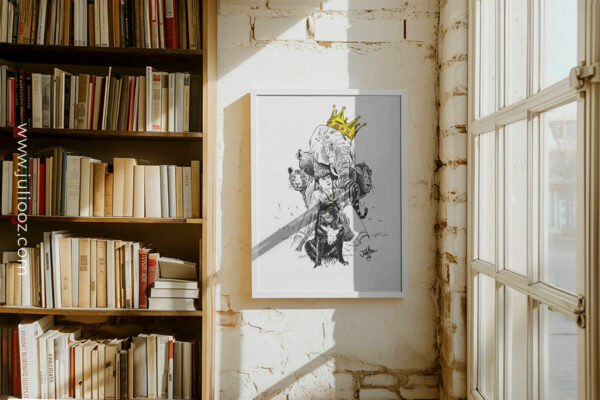 Illustration « Charly & Léon » – Portrait artistique noir et blanc avec accents dorés, animaux totems et enfant par Juliooz