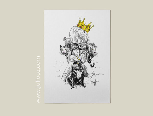 Illustration « Charly & Léon » – Portrait artistique noir et blanc avec accents dorés, animaux totems et enfant par Juliooz
