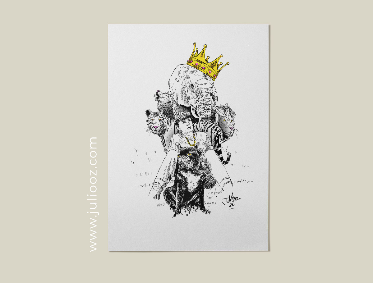 Illustration « Charly & Léon » – Portrait artistique noir et blanc avec accents dorés, animaux totems et enfant par Juliooz