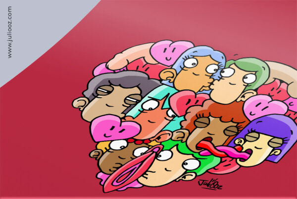 Illustration coquine d’un cœur formé par personnages Grozieux s’embrassant, en couleurs vives - par Juliooz