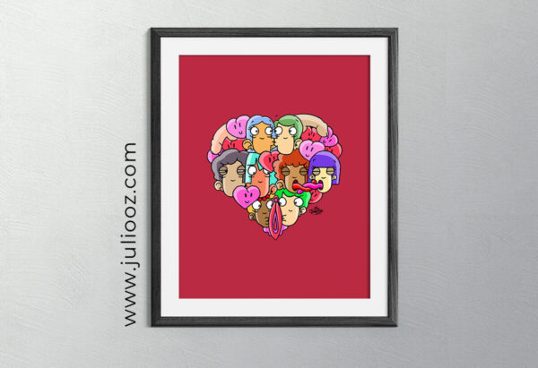 Illustration coquine d’un cœur formé par personnages Grozieux s’embrassant, en couleurs vives - par Juliooz