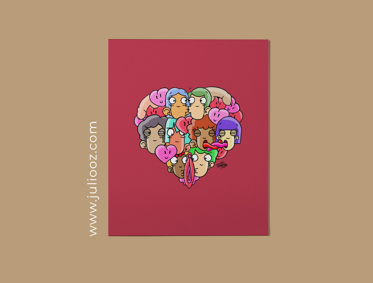 Coeur Grozieux - Illustration coquine d’un cœur formé par personnages Grozieux s’embrassant, en couleurs vives - par Juliooz