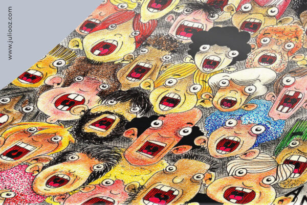 Dites ah - Illustration Grozieux colorée de visages avec bouche ouverte, style dessin au feutre et crayons de couleur - par Juliooz