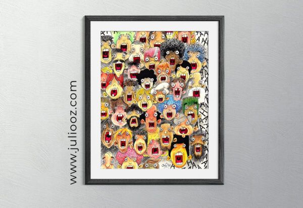 Dites ah - Illustration Grozieux colorée de visages avec bouche ouverte, style dessin au feutre et crayons de couleur - par Juliooz