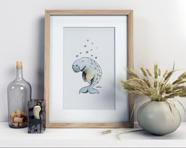 Dugong illustration noir et blanc avec halo bleu – Juliooz