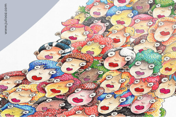 Illustration Femmes Grozieux colorée, gros yeux, traits au feutre fin et pointillisme coloré - par Juliooz