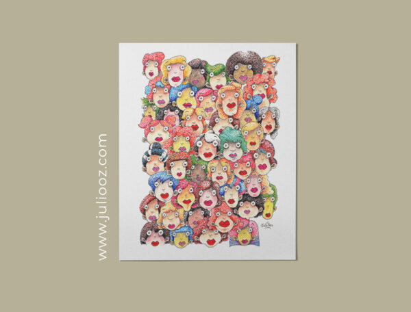 Illustration Femmes Grozieux colorée, gros yeux, traits au feutre fin et pointillisme coloré - par Juliooz