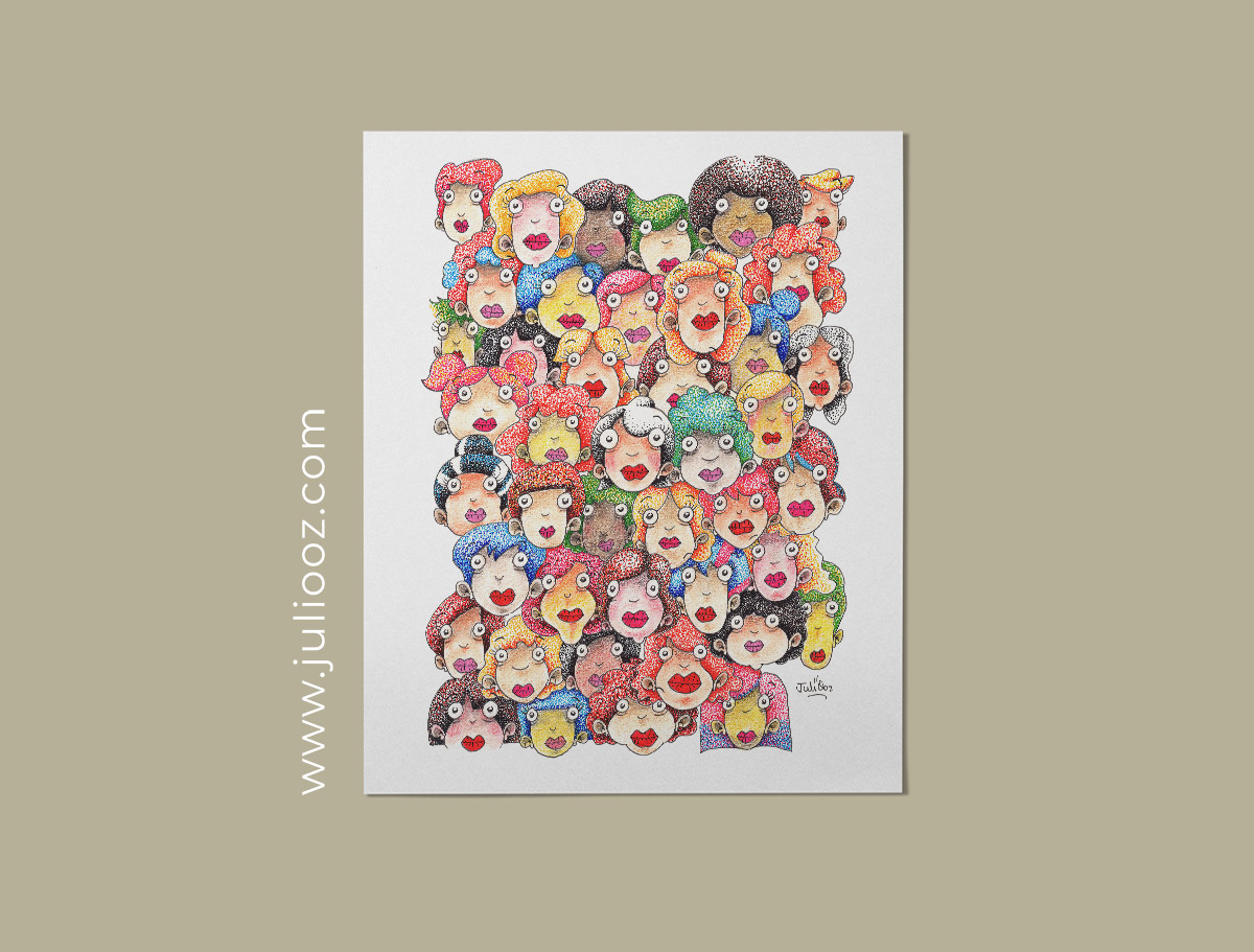 Illustration Femmes Grozieux colorée, gros yeux, traits au feutre fin et pointillisme coloré - par Juliooz