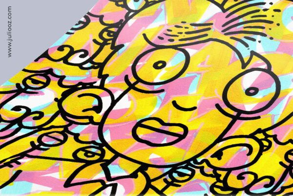 Illustration Insomniac Grozieux feutre noir épais, moutons enchevêtrés et lettrage gothique multicolore - Par Juliooz