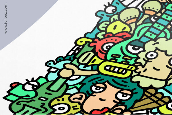 Illustration Japajazz Grozieux doodle musique avec guitare, saxophone, piano et musiciens - par Juliooz