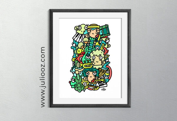 Illustration Japajazz Grozieux doodle musique avec guitare, saxophone, piano et musiciens - par Juliooz