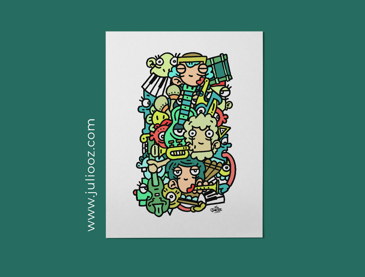 Illustration Japajazz Grozieux doodle musique avec guitare, saxophone, piano et musiciens - par Juliooz