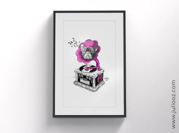 "Jazz & crocs" – Illustration humoristique en noir et blanc, gramophone aboyant, style BD avec touche de rose - Par Juliooz