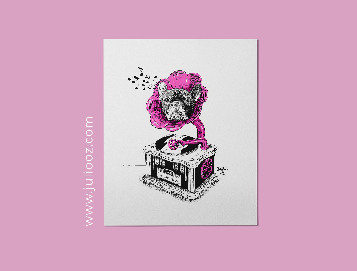 "Jazz & crocs" – Illustration humoristique en noir et blanc, gramophone aboyant, style BD avec touche de rose - Par Juliooz
