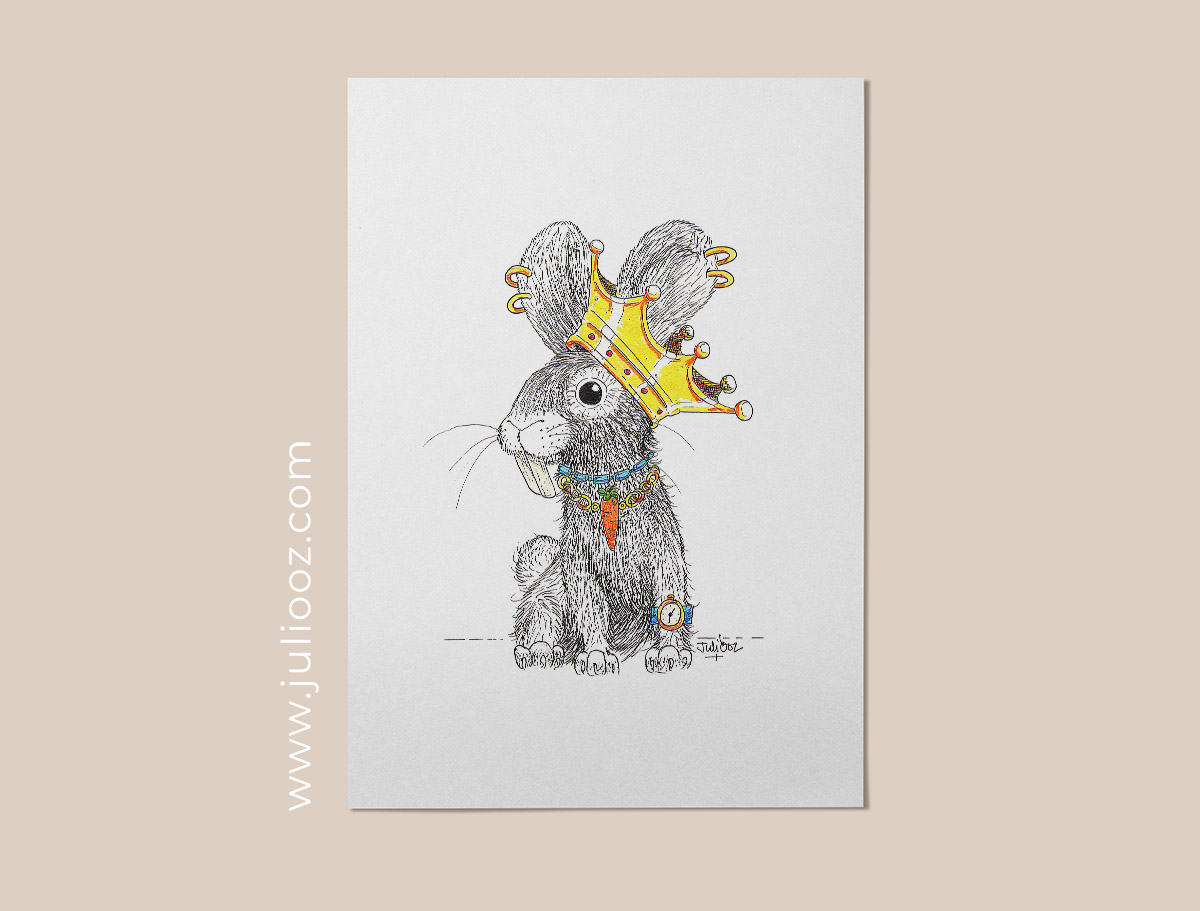 Illustration de lapin urbain avec accessoires dorés et couronne – Juliooz