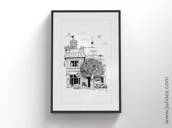 "Le Grand saut" – Illustration urbaine BD en noir et blanc, pleine de détails et de scènes humoristiques - Par Juliooz