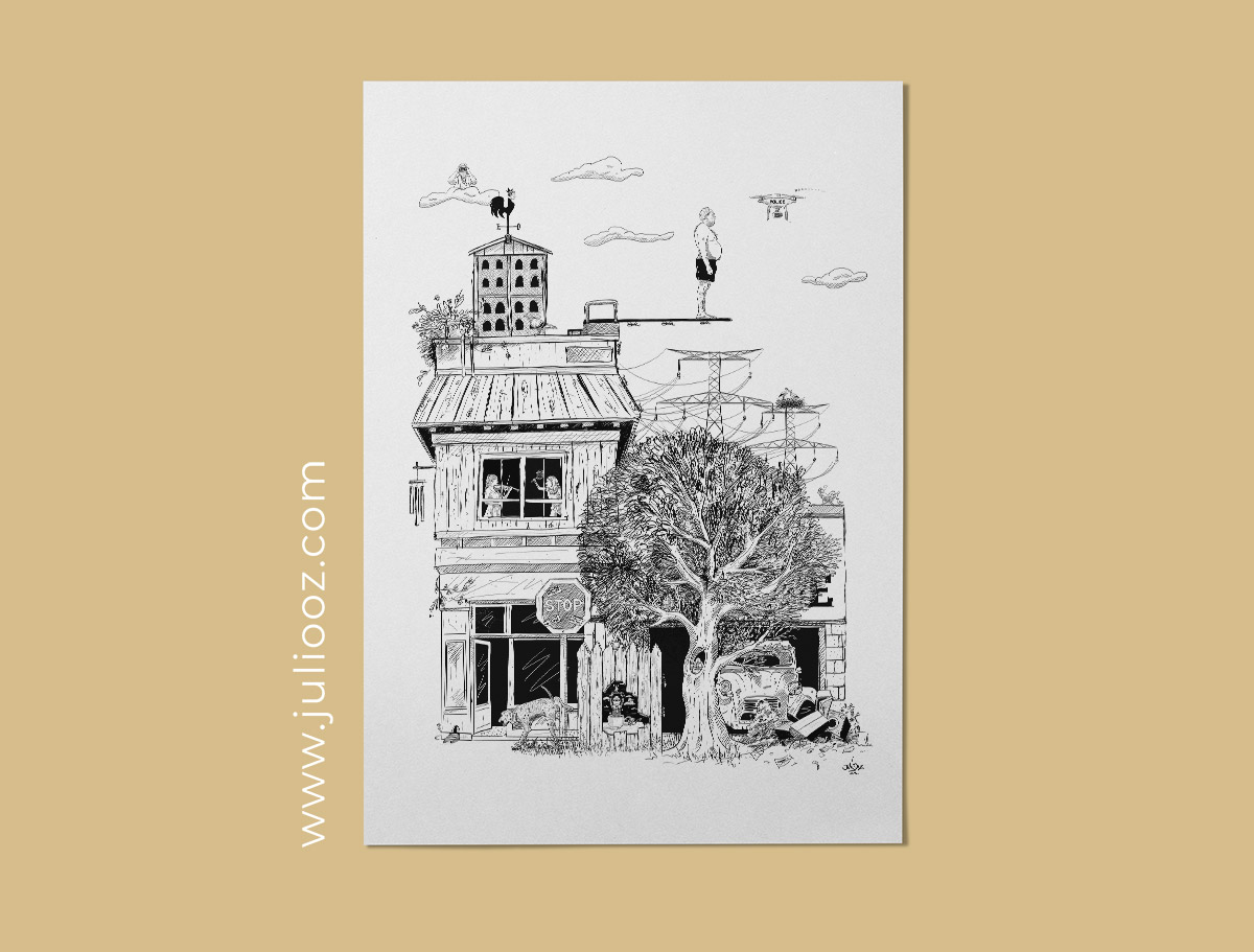 "Le Grand saut" – Illustration urbaine BD en noir et blanc, pleine de détails et de scènes humoristiques - Par Juliooz