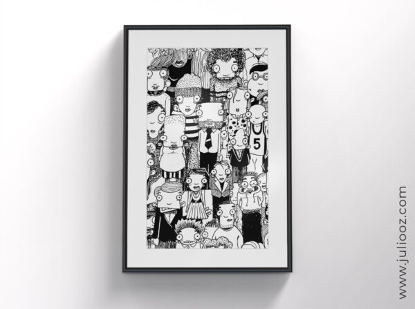 Illustration "Les gens" – Dessin noir et blanc de personnages stylisés entremêlés - Par Juliooz