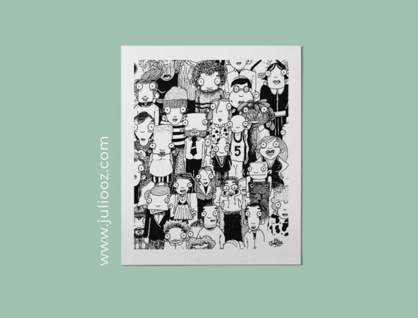 Illustration "Les gens" – Dessin noir et blanc de personnages stylisés entremêlés - Par Juliooz