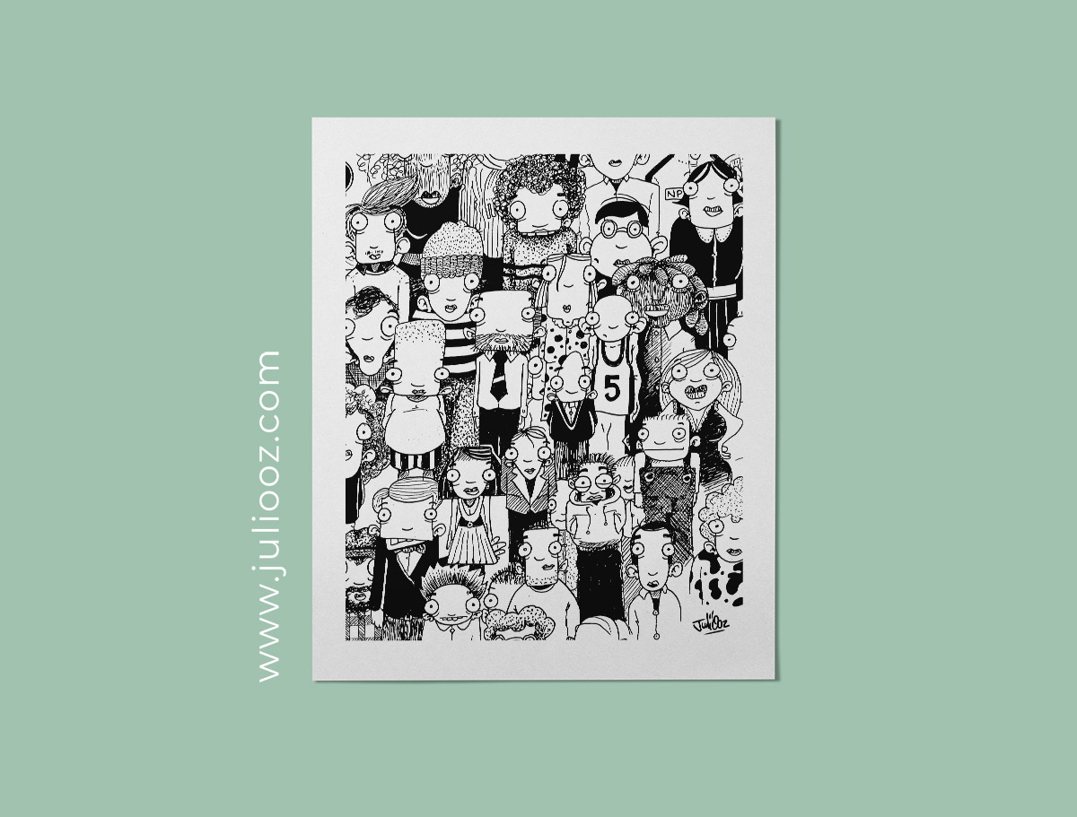 Illustration "Les gens" – Dessin noir et blanc de personnages stylisés entremêlés - Par Juliooz