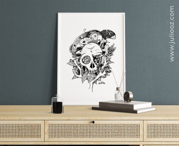 Illustration contemporaine d’une nature morte en noir & blanc par Juliooz