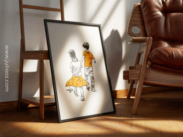 Portrait illustré de Pablo & Lily – Enfants main dans la main – Juliooz