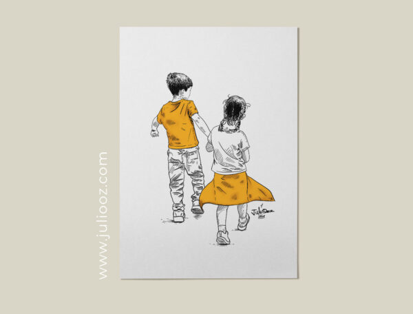 Portrait illustré de Pablo & Lily – Enfants main dans la main – Juliooz