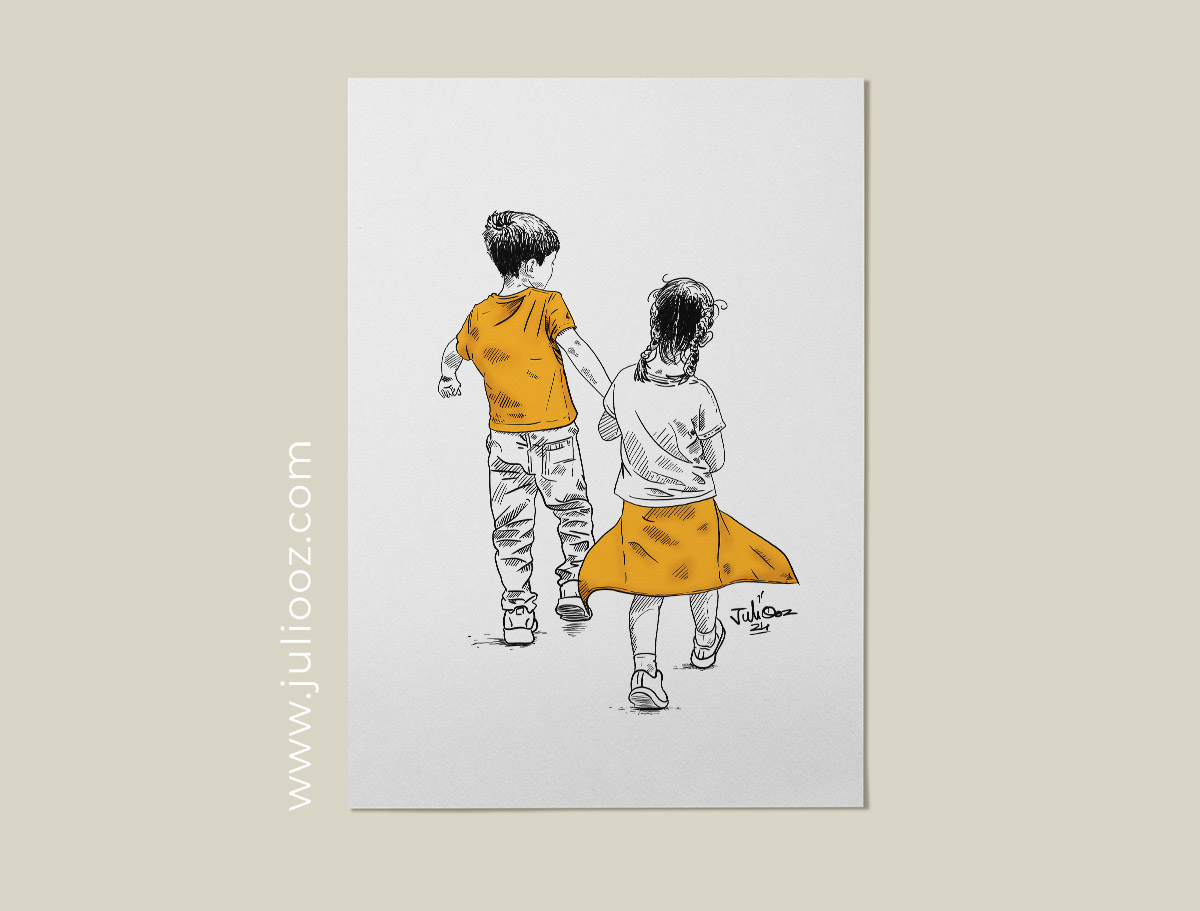 Portrait illustré de Pablo & Lily – Enfants main dans la main – Juliooz