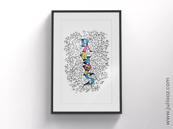 Illustration "Paradis" – Lettrage vertical avec arabesques et couleurs douces - Par Juliooz