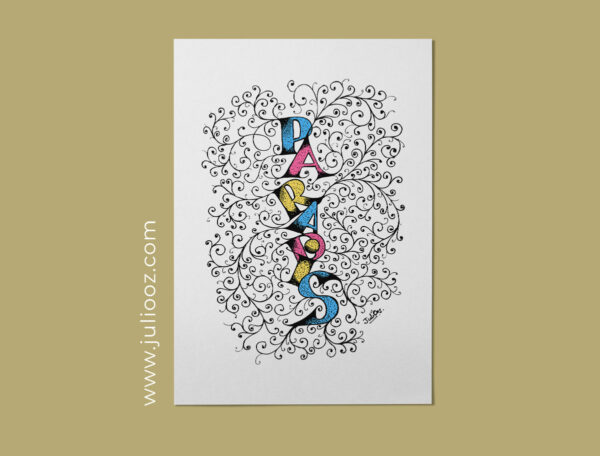 Illustration "Paradis" – Lettrage vertical avec arabesques et couleurs douces - Par Juliooz