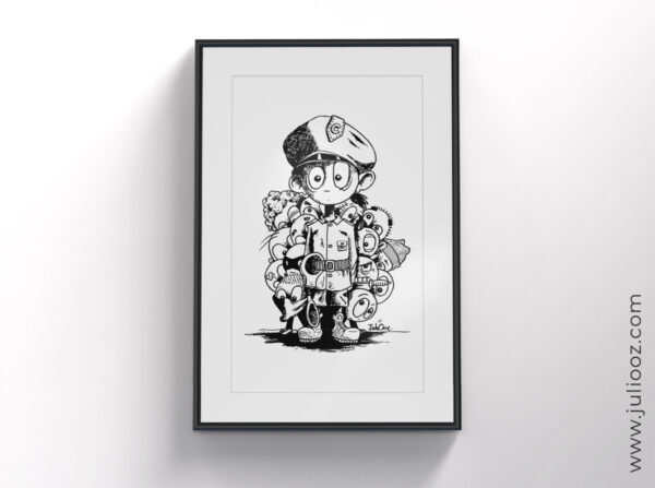 Illustration "Police" – Scène humoristique en noir et blanc avec policiers et bandits - par Juliooz