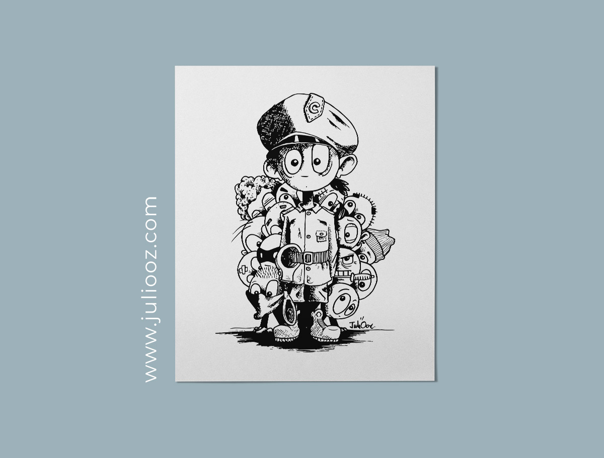 Illustration "Police" – Scène humoristique en noir et blanc avec policiers et bandits - par Juliooz