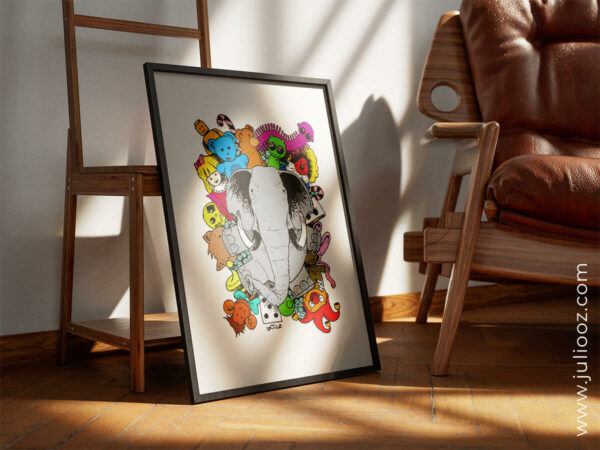 Illustration "Puppets" – Affiche enfantine colorée avec jouets et peluches - Par Juliooz