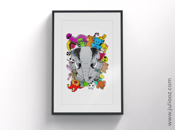 Illustration "Puppets" – Affiche enfantine colorée avec jouets et peluches - Par Juliooz