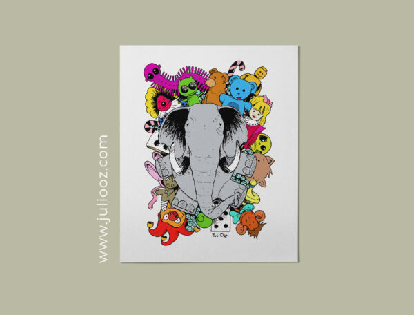 Illustration "Puppets" – Affiche enfantine colorée avec jouets et peluches - Par Juliooz