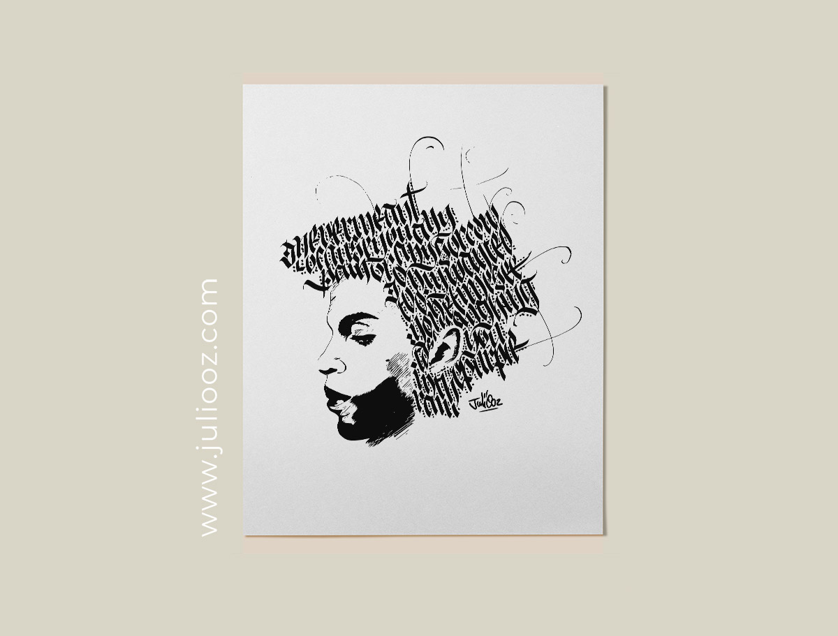 Portrait de Prince en calligraphie gothique – Purple Rain illustration - Par Juliooz
