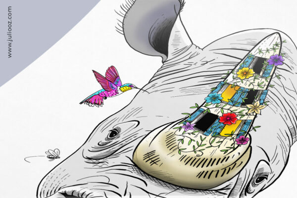 Illustration d’un rhinocéros stylisé – Œuvre de Juliooz en encre et crayon