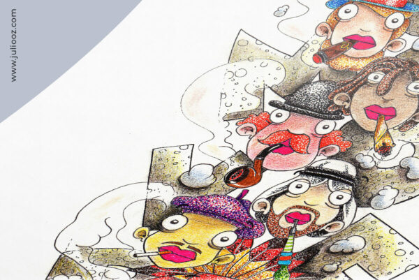 Illustration Smokers Grozieux visages fumée cigare pipe narguilé - par Juliooz