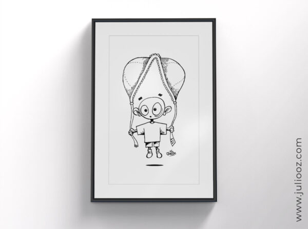 Illustration "Soutif" – Personnage volant avec soutien-gorge en noir et blanc - Par Juliooz