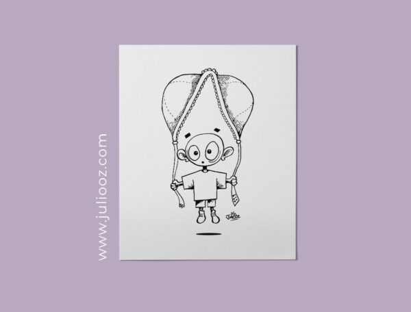 Illustration "Soutif" – Personnage volant avec soutien-gorge en noir et blanc - Par Juliooz