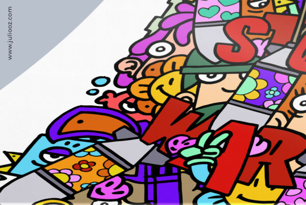 Illustration Stop War Grozieux visages bombes fleurs symboles paix - par Juliooz